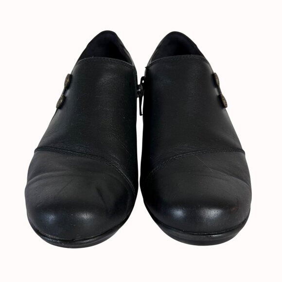 Clarks Black Ankle Bootie Shoes Size 9.5 Leather Button Accent Comfort Cushion - Picture 13 of 14